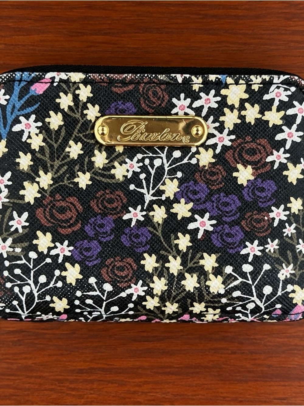 Avenue Black Floral Zip Wallet with Gold Plaque